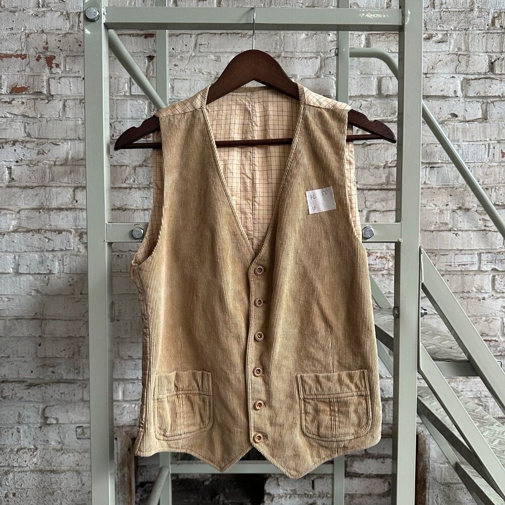90s Tan Corduroy Button Waistcoat Check Back Adjustable Strap